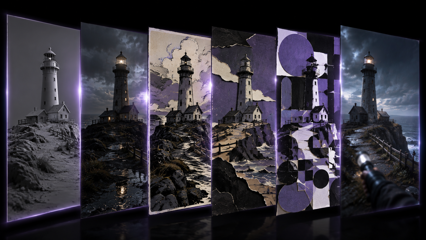 A lighthouse interpreted through several distinct visual production styles