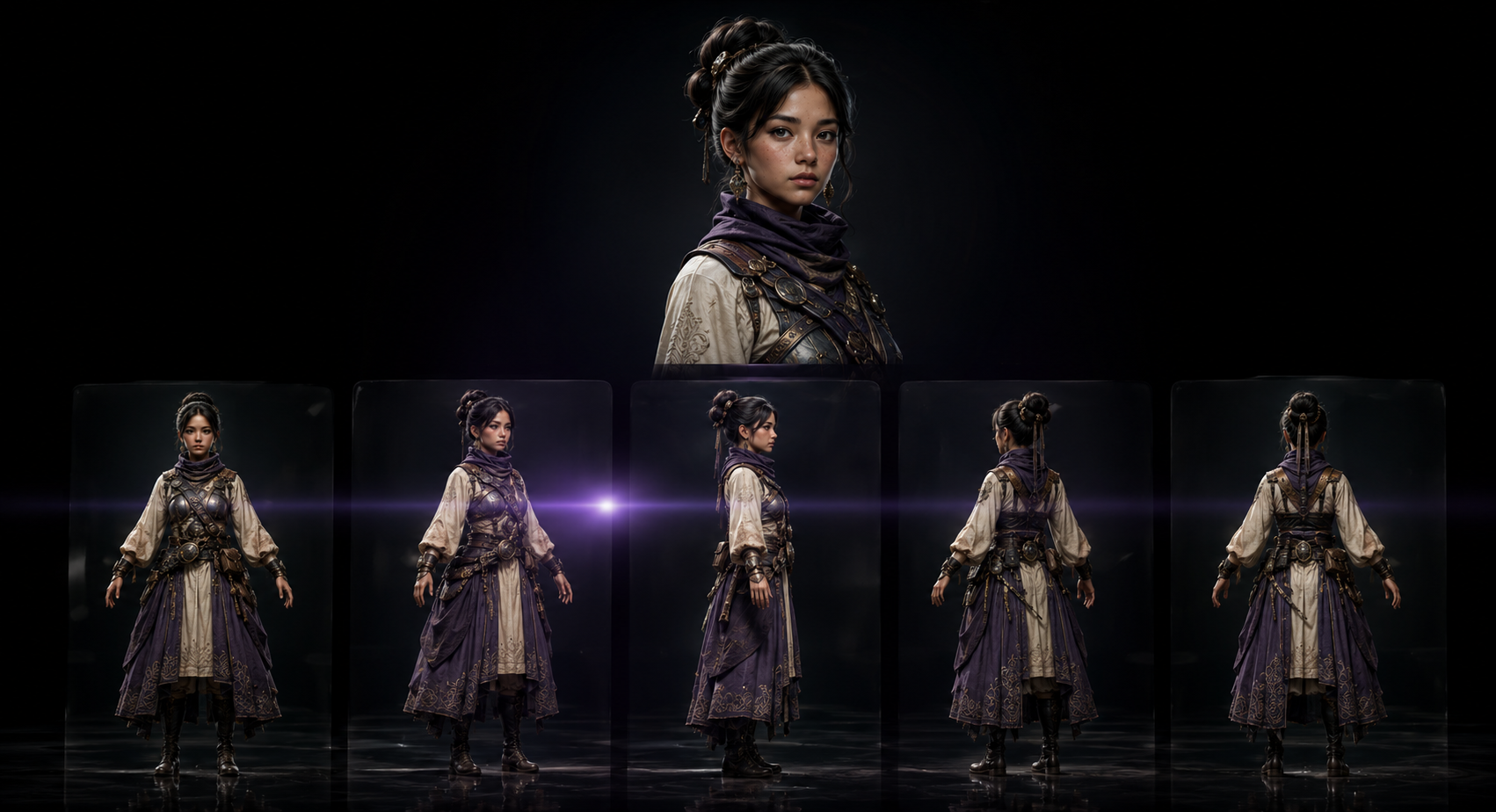 A character portrait presented with consistent front, profile and rear views