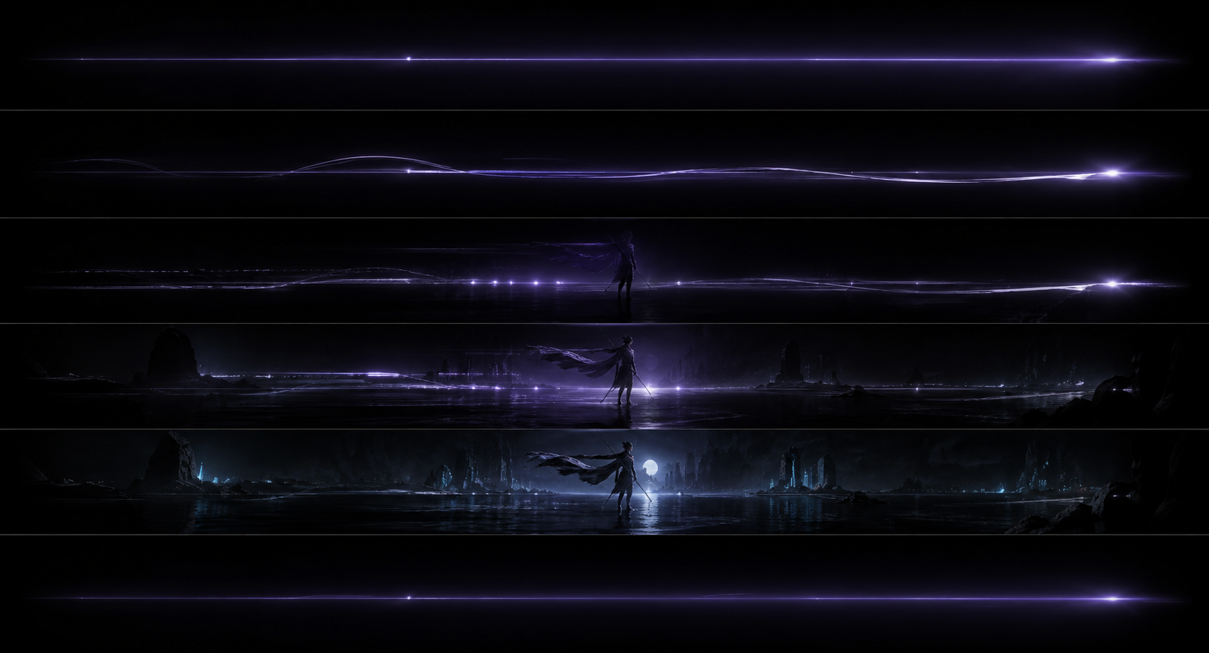 A visual idea refining from a line of light into a finished cinematic scene