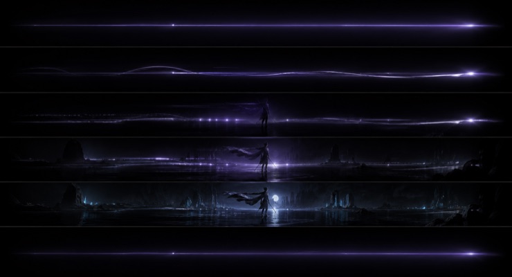 A visual idea refining from a line of light into a finished cinematic scene